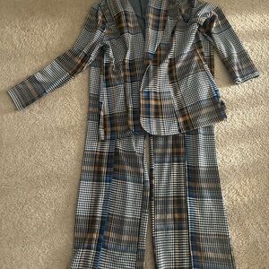 Fashion Nova Plaid Pantsuit in Black, Brown, and Blue